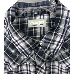 Wrangler Wrancher Mens XXL Blue White Plaid Short Sleeve Pearl Snap Button Down